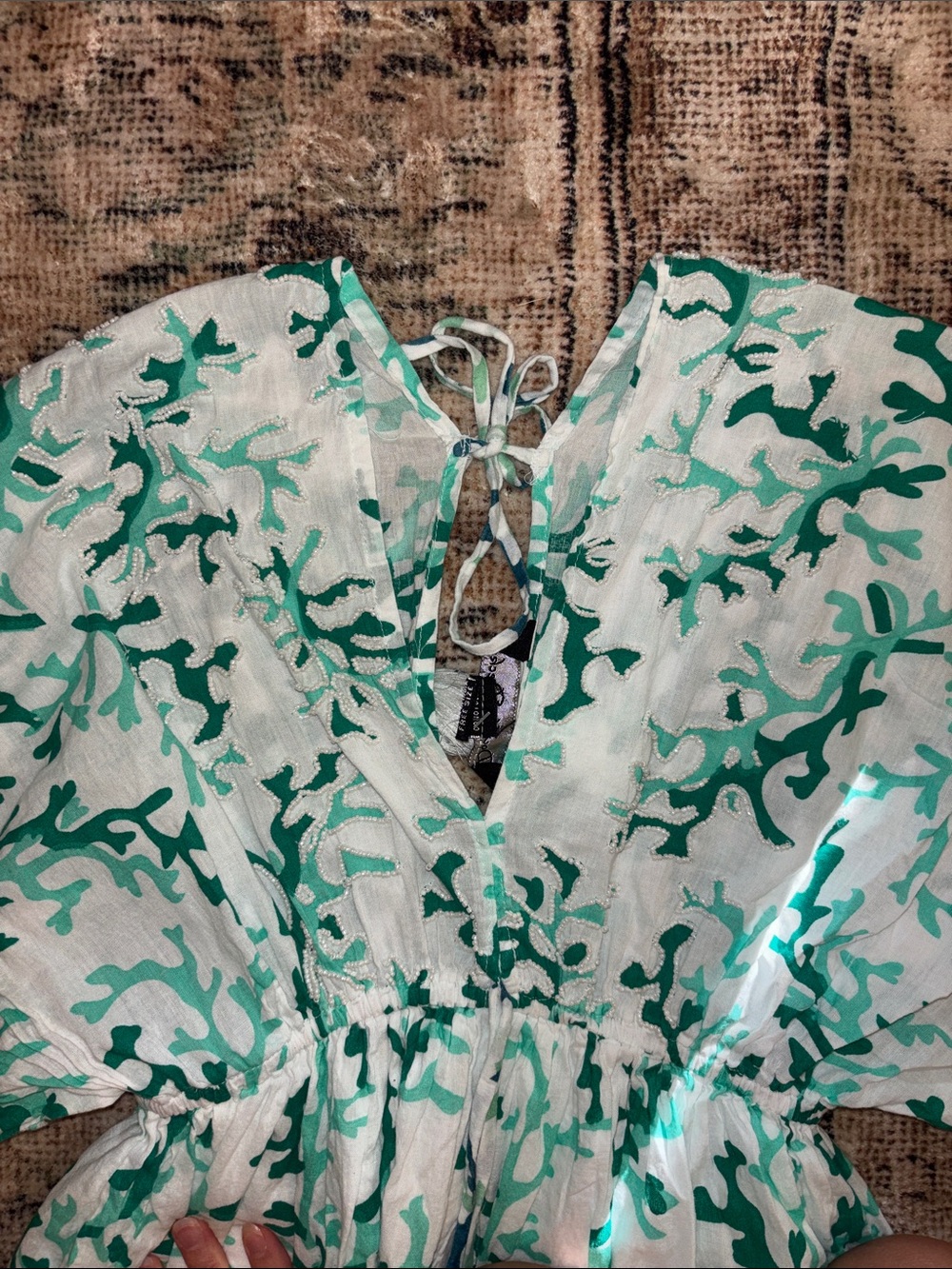 Green Coral Print Womens Dress with Tassel Tie - Picture 5 of 10